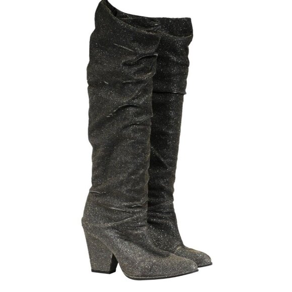 Stuart Weitzman Womens Glitter Slouch Boots US 6.5 EU 36.5 Silver Shinny Ruffle